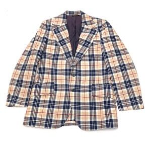 Destino for Gage Gentleman's Corner 70s-80s Plaid Blazer Blue Tan 40R Vintage